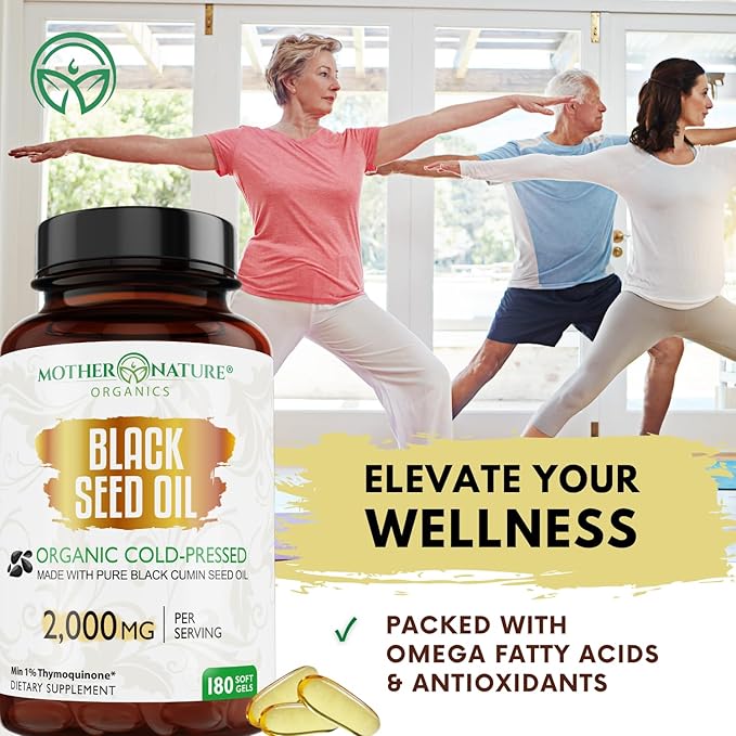 Mother Nature - Organic Black Seed Oil Capsules, 3 Month Supply, Cold Pressed, High TQ, 100% Turkish, Black Cumin Nigella Sativa Oil for Immune Support, Joint, Digestive Health,1000mg Capsule, 180ct