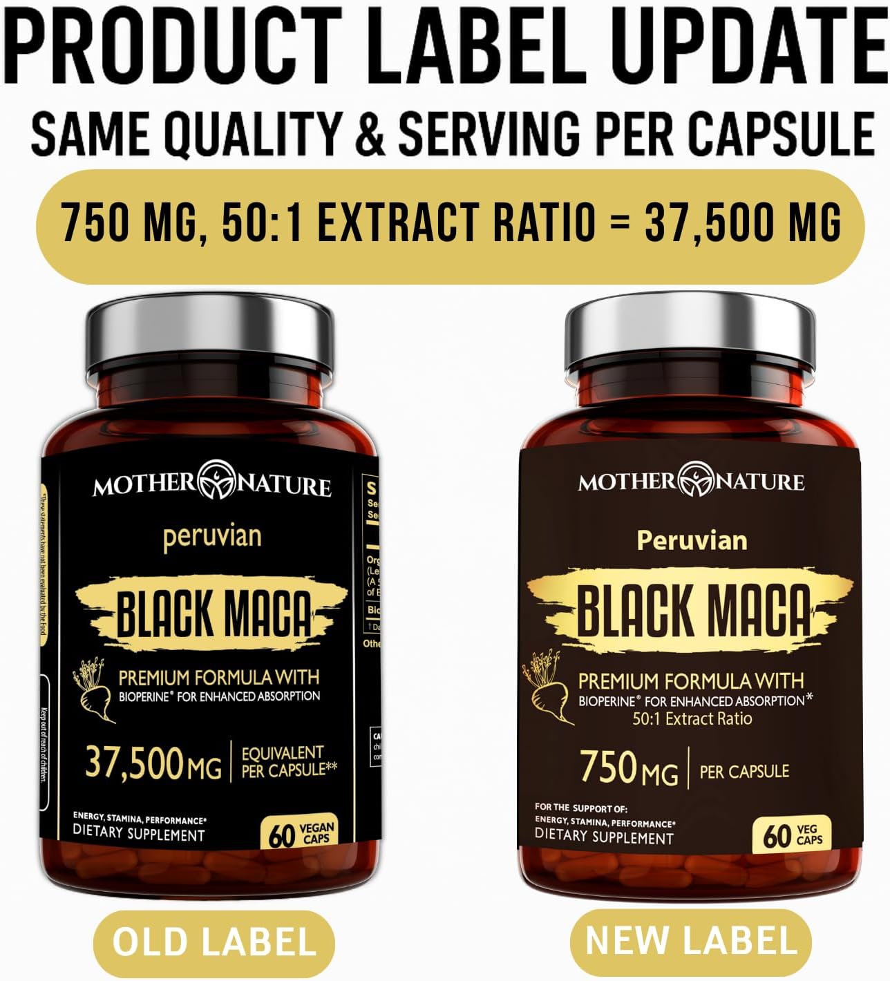 Mother Nature 37,500mg 50x Strength Organic High-Potency Peruvian Black Maca Root Capsules for Men 100% Pure Maca Peruana 50:1 Extract to Boost Stamina, Enegy, Muscle Gain - 60ct