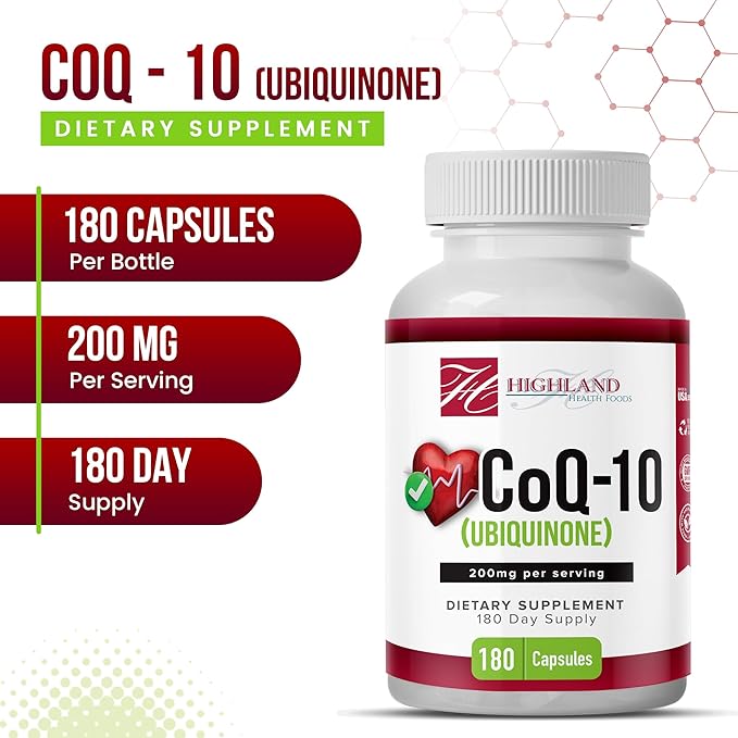CoQ10 200mg 180 Vegetarian Capsules for Heart Health, Non-GMO, Easy to Swallow, Supports Cellular Energy Production and Cardiovascular Health