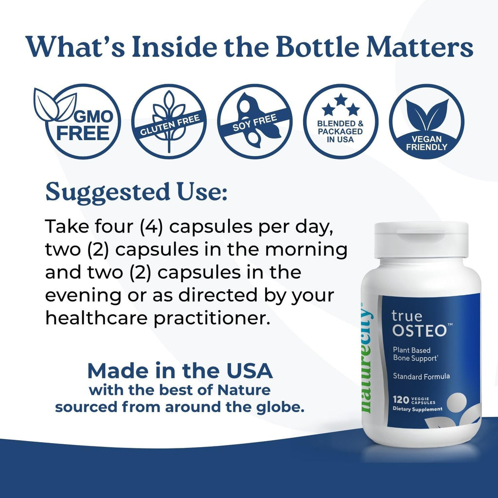 NatureCity True-Osteo Plant-Based Supplement for Bone Strength | AlgaeCal Calcium & Magnesium, Plant-Based Vitamin D3, Vitamin K2, Silicon| Gentle on Stomach (120 Veggie Capsules)