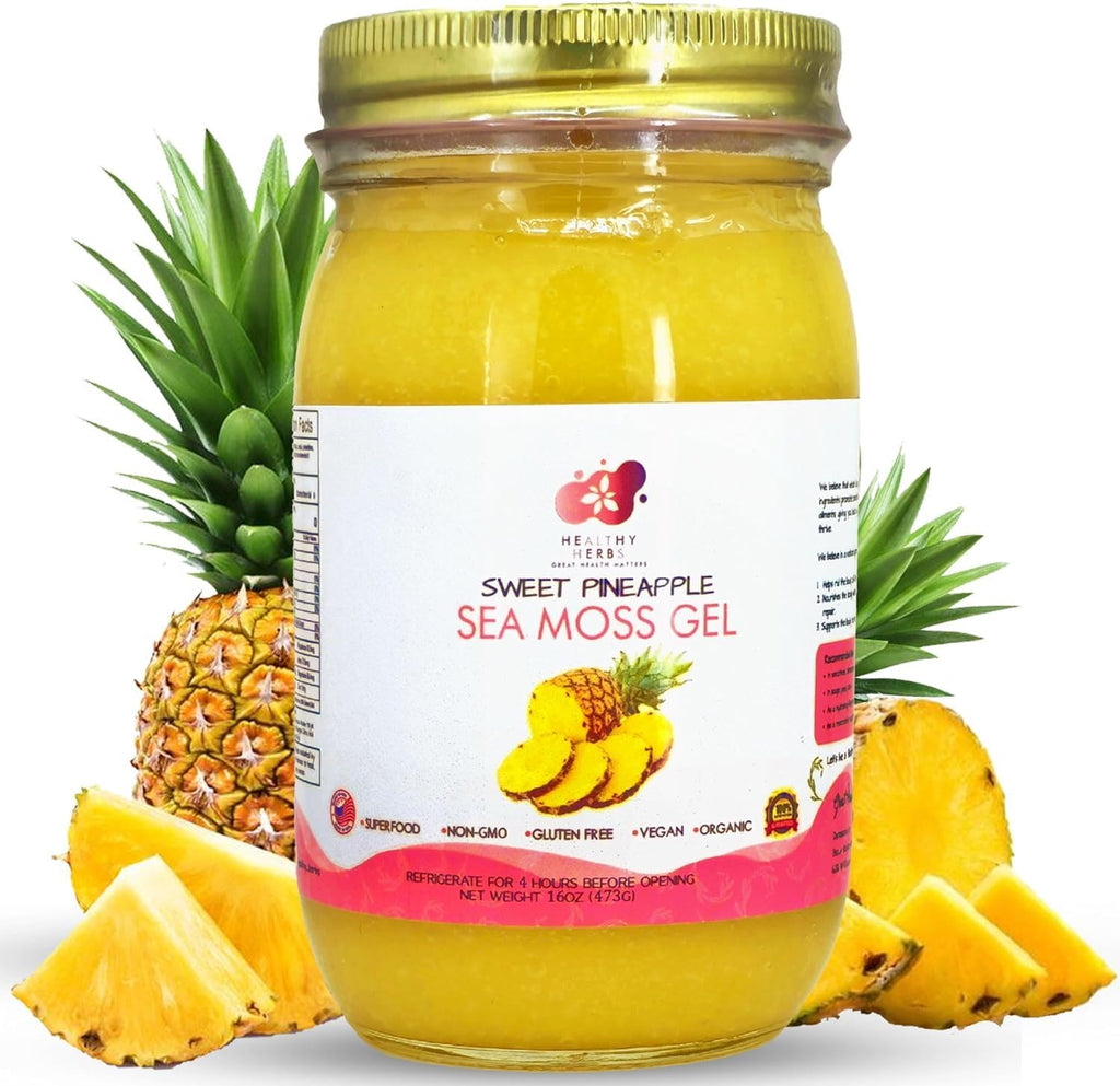 Healthy Herbs Sea Moss Gel (Sweet Pineapple) Wildcrafted from Jamaican St Lucia Gold Seamoss | Wild-Harvested Superfood With Over 90 Essential Vitamins & Minerals | Vegan, Non-GMO, US-Made (16 oz.)