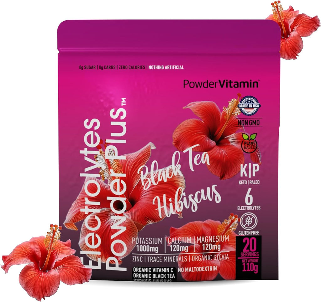 PowderVitamin Electrolytes Powder Plus (20 Servings) Black Tea Hibiscus Electrolyte Powder Keto, Sugar Free, Pink Himalayan Salt,1000mg Potassium,120mg Calcium,120mg Magnesium, Hydration Powder