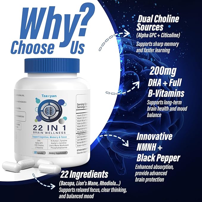Brain Supplements for Memory and Focus, Clarity & Cognitive Improvement, 300mg Alpha GPC, CDP-Choline, DHA, Lion’s Mane, L-Theanine, Vitamin B6 B12 & Phosphatidylserine for Men & Women, 90 Capsules