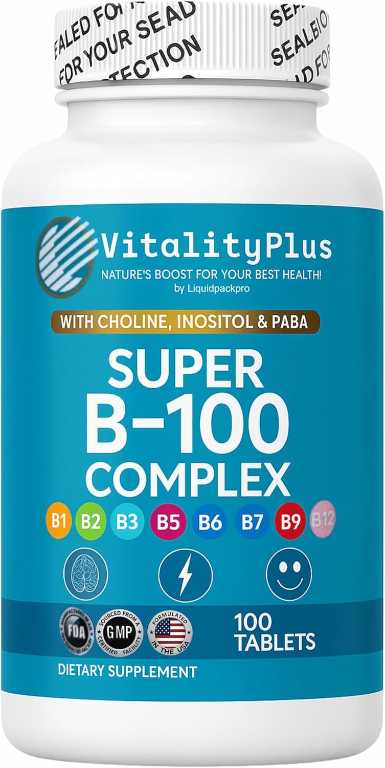 Super B-100 Complex – All B Vitamins Including B12, B1, B2, B3, B5, B6, B7, B9, Folate – High Potency B-Vitamins with Choline, Inositol & PABA – Energy & Metabolism Support – 100 Tablets
