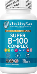 Super B-100 Complex – All B Vitamins Including B12, B1, B2, B3, B5, B6, B7, B9, Folate – High Potency B-Vitamins with Choline, Inositol & PABA – Energy & Metabolism Support – 100 Tablets