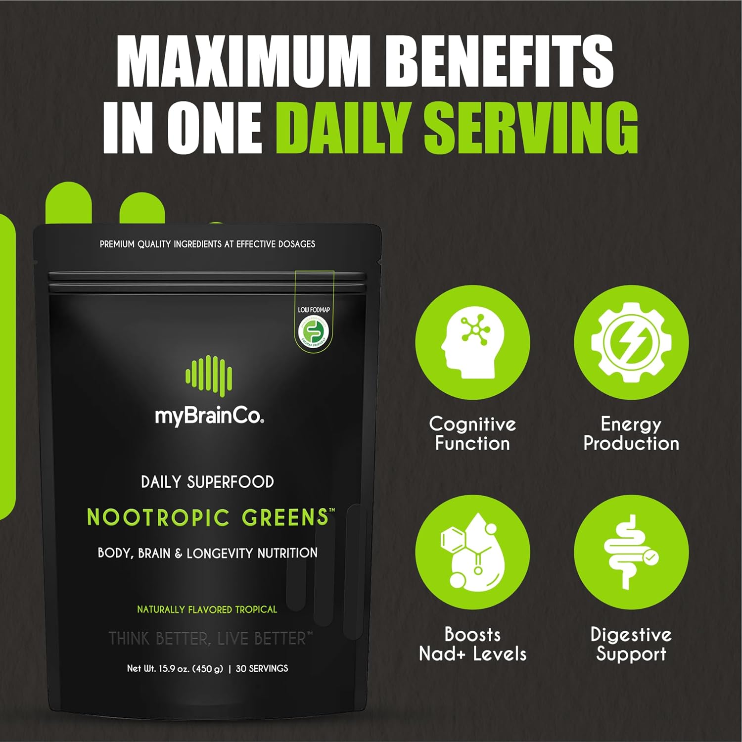 Nootropic Greens - Premium All-in-One Body, Brain & Longevity Optimization Nutrition. Organic Greens & Superfoods, Alpha-GPC, L-Theanine, Lion’s Mane, TMG, NR, NAC & More. (7.94 oz)