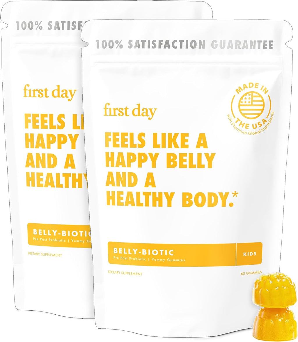 FIRST DAY Kids Probiotic Gummies - 3 in 1 Probiotics for Kids + Prebiotic & Postbiotic - Prebiotics & Probiotics for Digestive Health & Immune Support – Vegan, Gluten Free, 60-Day Supply