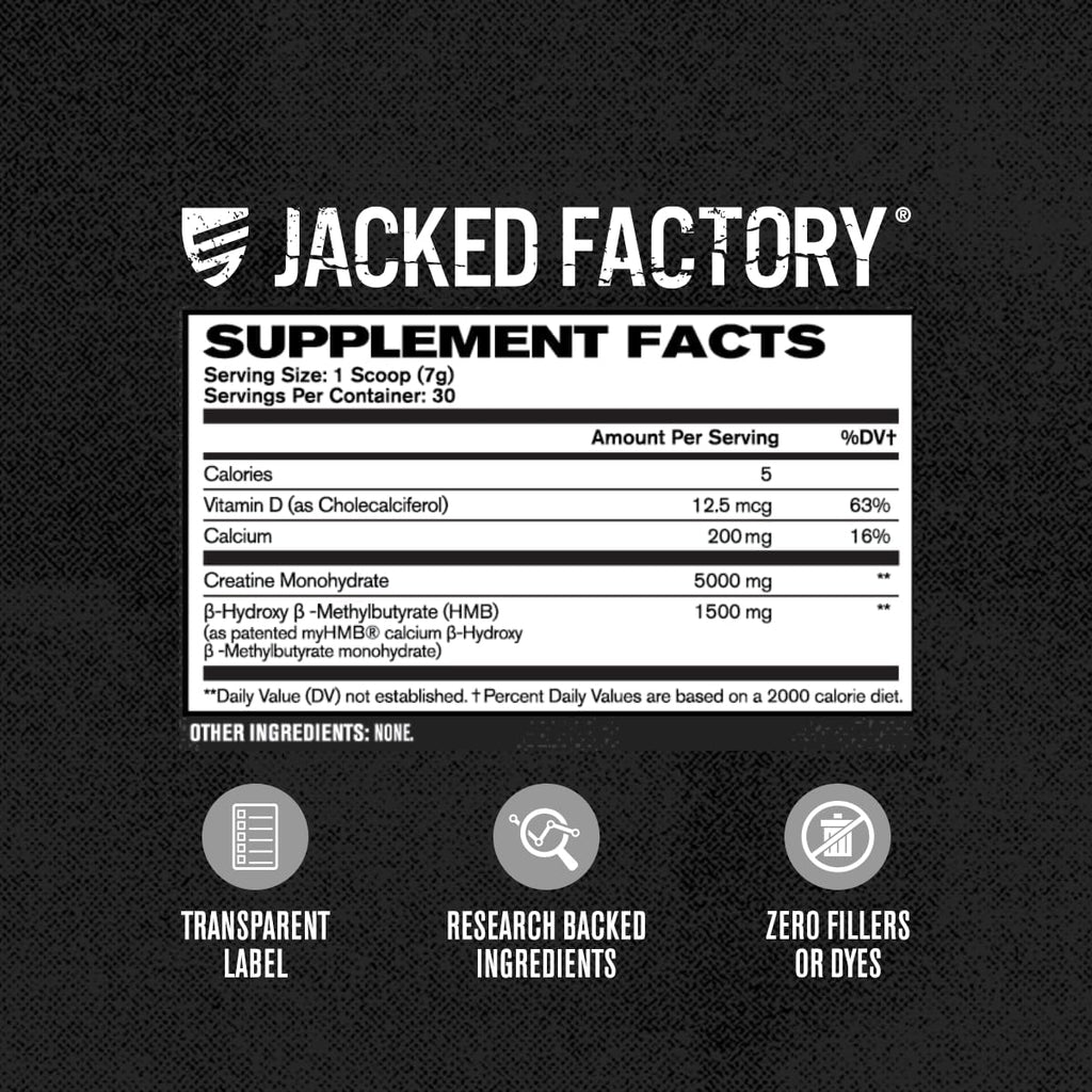 Jacked Factory Creatine Monohydrate + HMB - Creatine Dietary Sports Nutrition Bodybuilding Supplement for Men and Women - Muscle Growth, Increased Strength, Enhanced Energy - 30 Servings, Unflavoured