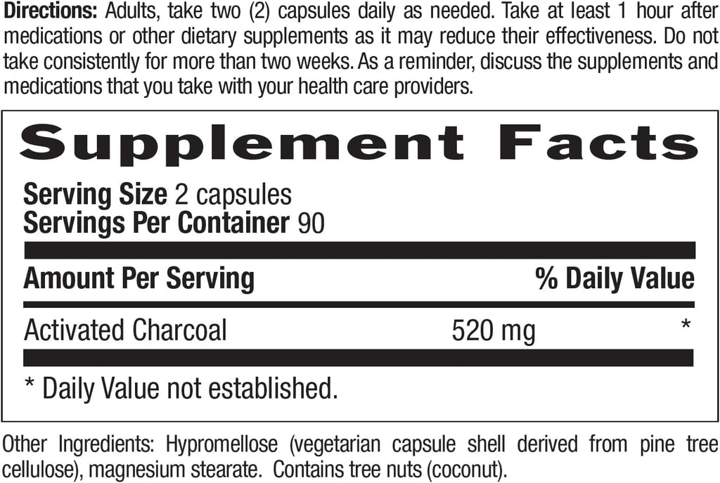 Country Life Activated Organic Coconut Charcoal Capsules, 260mg – Natural Charcoal Supplement for Gas and Bloating Relief, Gluten-Free, 180 Vegan Capsules