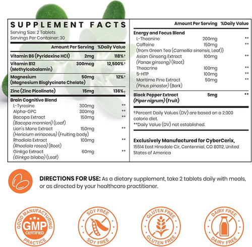 17-in-1 Brain Supplements for Memory and Focus - Nootropic Formula for Concentration, Clarity, Energy & Focus - Natural Caffeine Blend with Vitamins, Amino Acids & Herbal Extracts - 120 Tablets