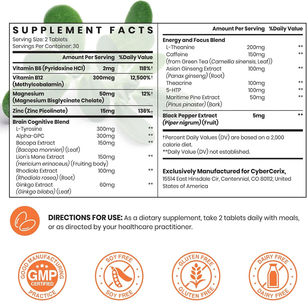 17-in-1 Brain Supplement for Memory and Focus - Nootropic Brain Supplement for Concentration, Clarity, Energy & Focus - Natural Caffeine Blend with Vitamins, Amino Acids & Herbal Extracts - 60 Tablets