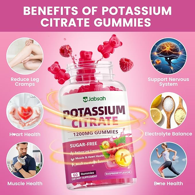 Potassium Citrate Gummies 1200mg, Sugar-Free Potassium Supplement for Adults Women & Men, Supports Leg Cramps & Muscle & Heart Health, Vegan, Gluten Free - Raspberry Flavor (60 Count)