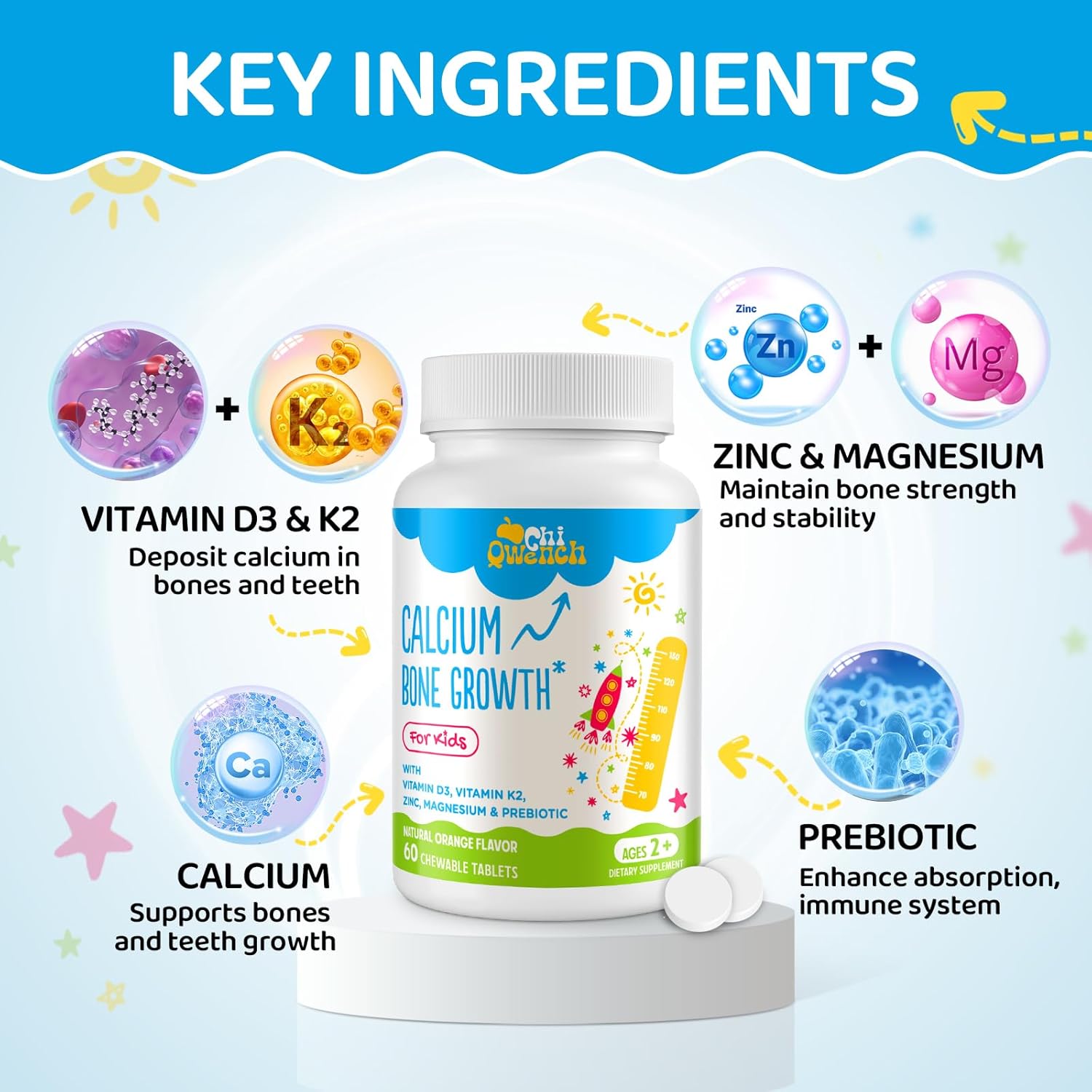 500 MG Calcium Supplement with Vitamin D3 & K2, Zinc, Magnesium & Prebiotics. Kids Vitamins for Kids' Height. Bone Strength, High Absorption, Orange Chewables, Gluten Free, 120 Tabs