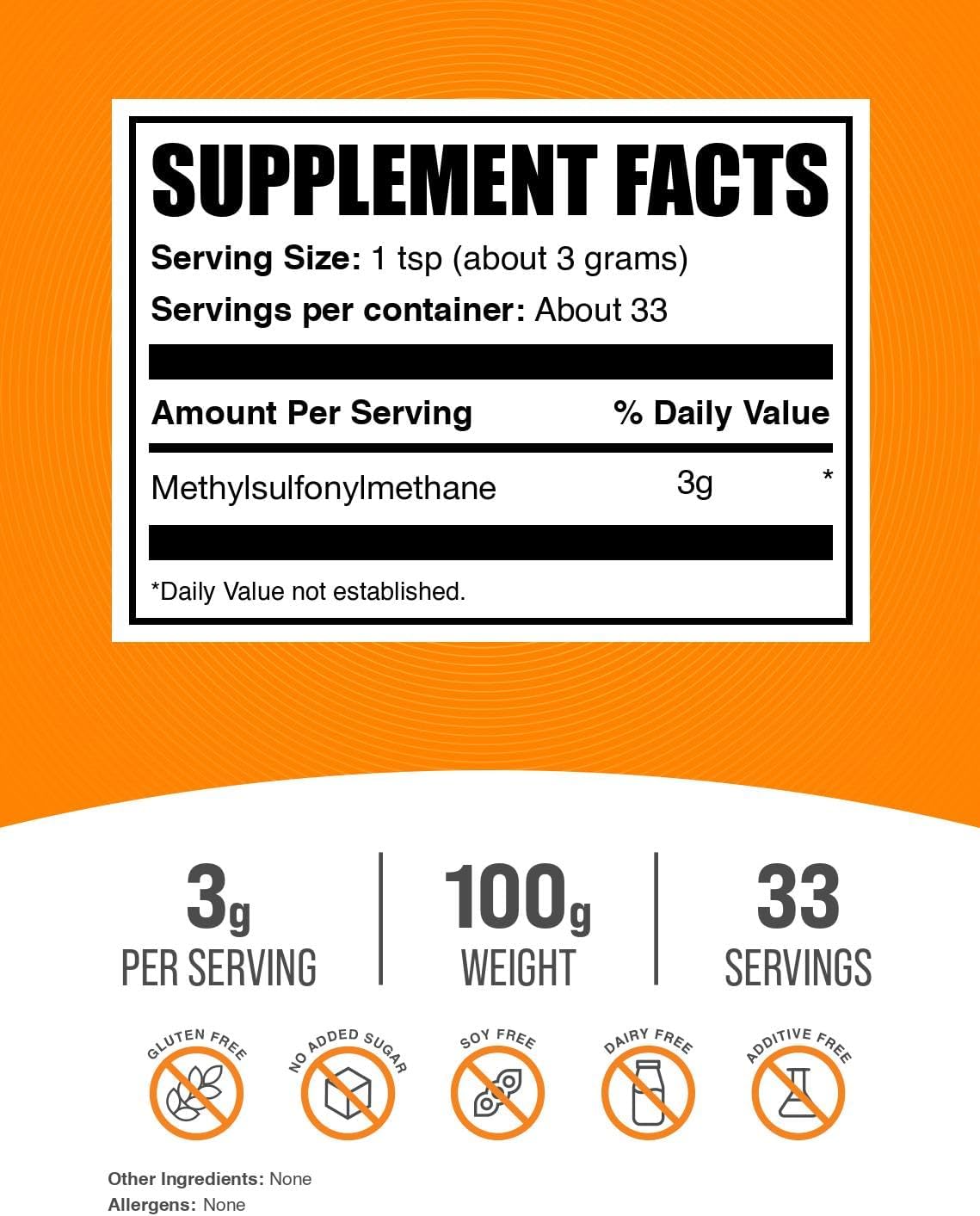 BulkSupplements.com MSM Powder - Methylsulfonylmethane, MSM Supplement, Nutritional Supplement - Gluten Free, 3g per Serving, 100g (3.5 oz) (Pack of 1)