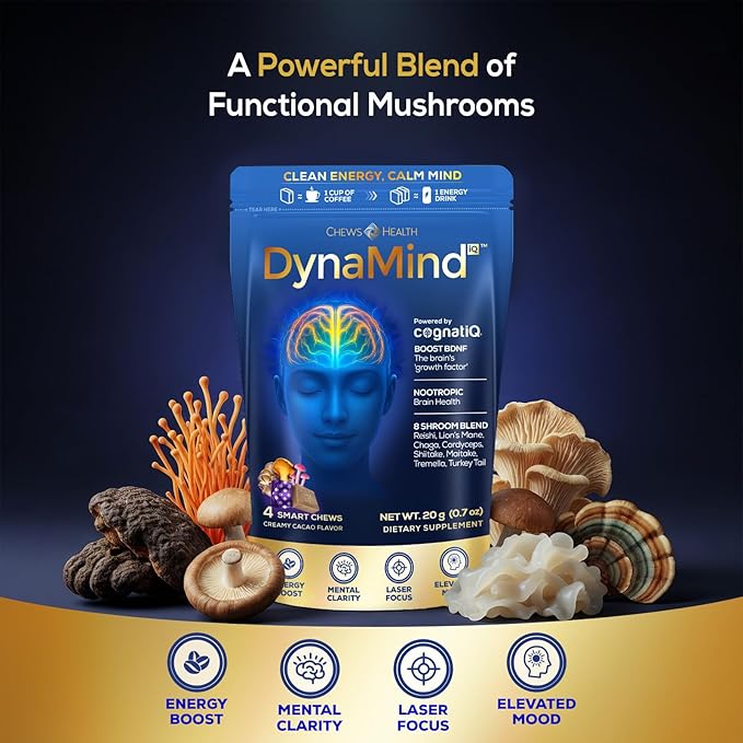 DynaMind iQ Chews - Best Brain Memory and Focus Supplement for Adults, Nootropic Supplement, Supports BDNF, Memory Booster – Natural Caffeine & Functional Mushrooms for Cognitive Performance, 4 Count