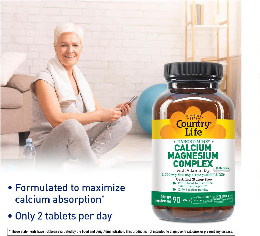 Country Life Target-Mins Calcium Magnesium with Vitamin D-Complex, 1000mg/500mg/10mcg, 90 Tablets, Certified Gluten Free, Certified Vegetarian