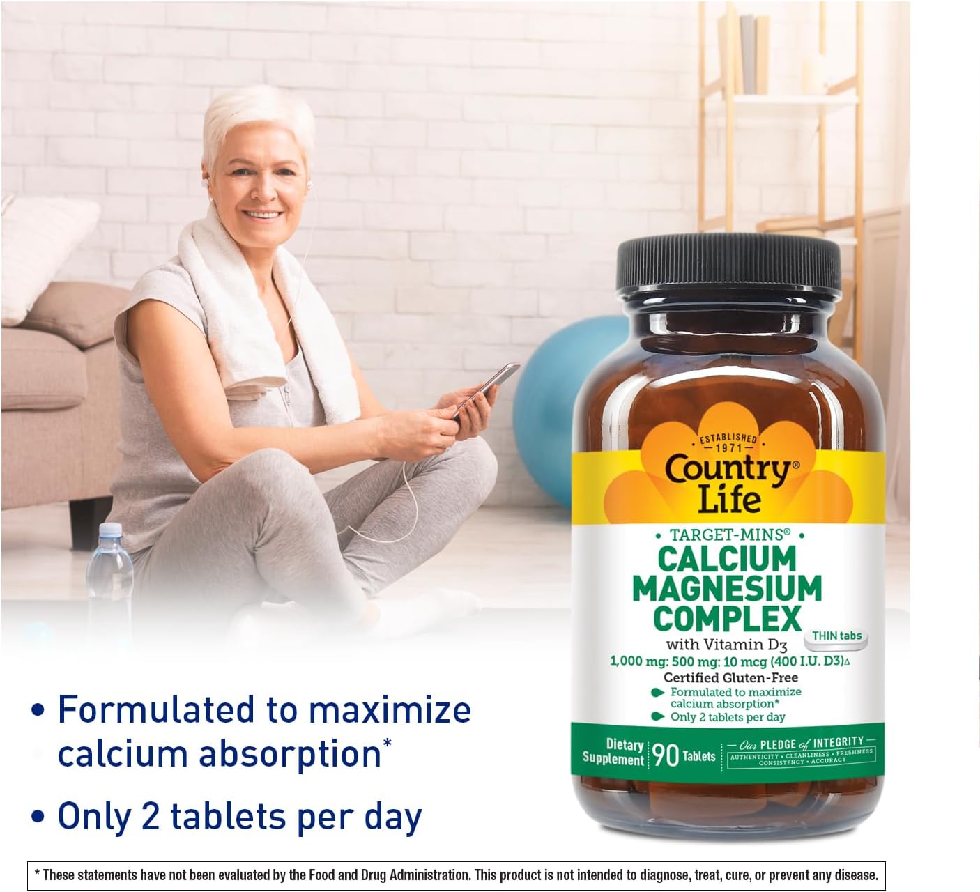 Country Life Target-Mins Calcium Magnesium with Vitamin D-Complex, 1000mg/500mg/10mcg, 90 Tablets, Certified Gluten Free, Certified Vegetarian