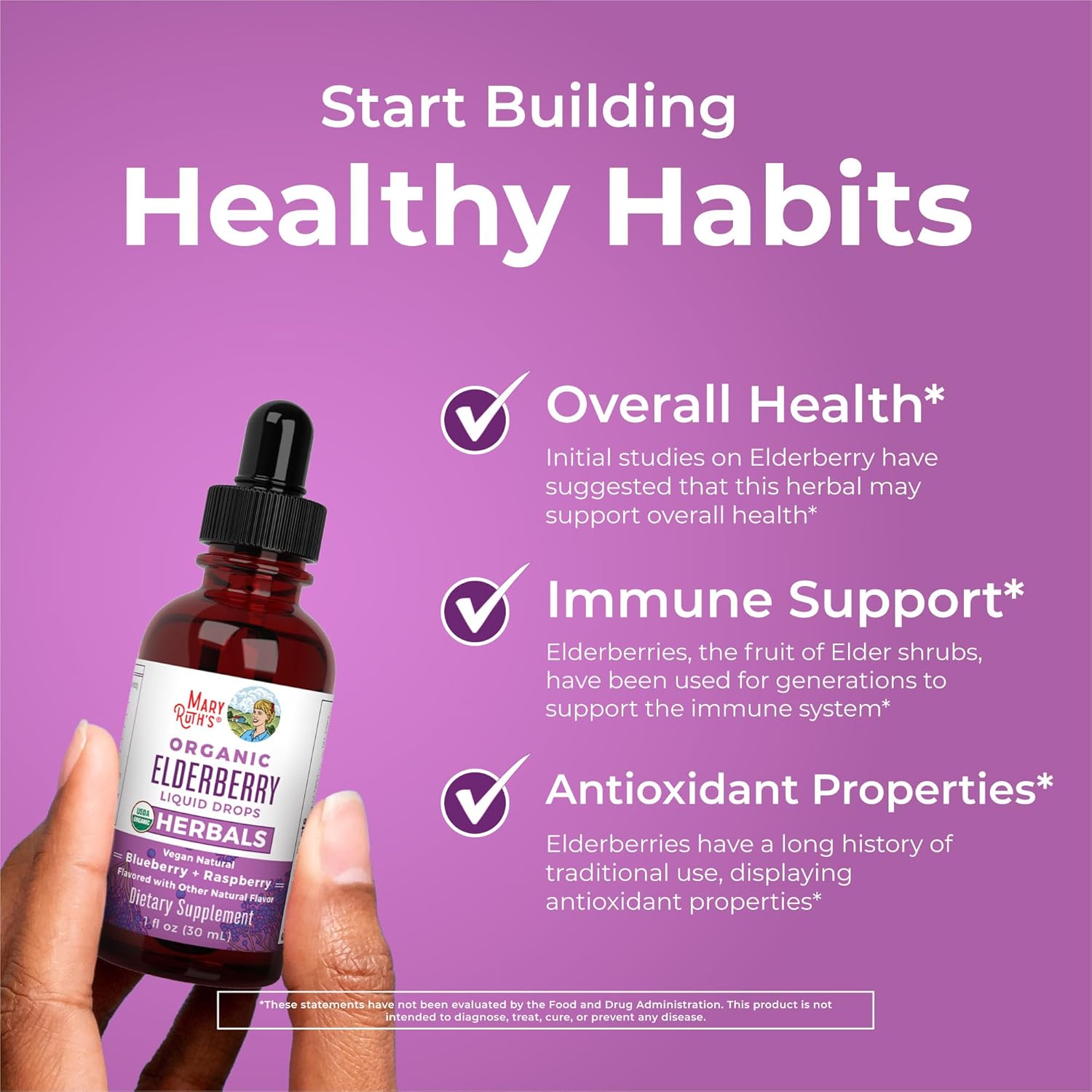MaryRuth Organics Elderberry Syrup | USDA Organic | Sugar Free Immune Support Supplement for Adults & Kids, Ages 1 | Vegan, Non-GMO, Immune Boosters, Clean Label Project Verified | 1 Fl Oz