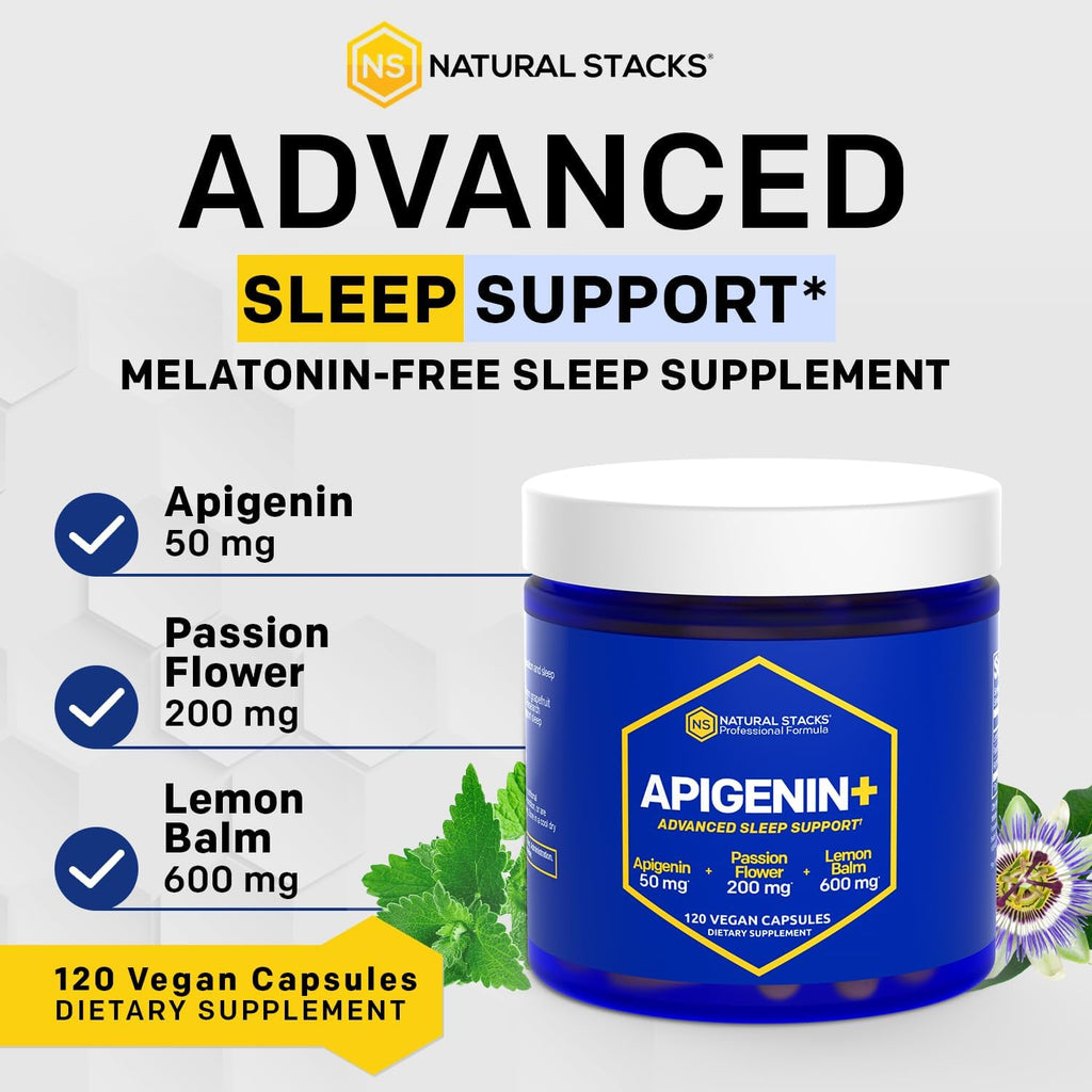 NATURAL STACKS Apigenin Supplement for Sleep - 50mg Apigenin & 600mg Lemon Balm - Melatonin Free Sleep Aid - with Passion Flower Extract for Stress Relief - 120 Lemon Balm Capsules