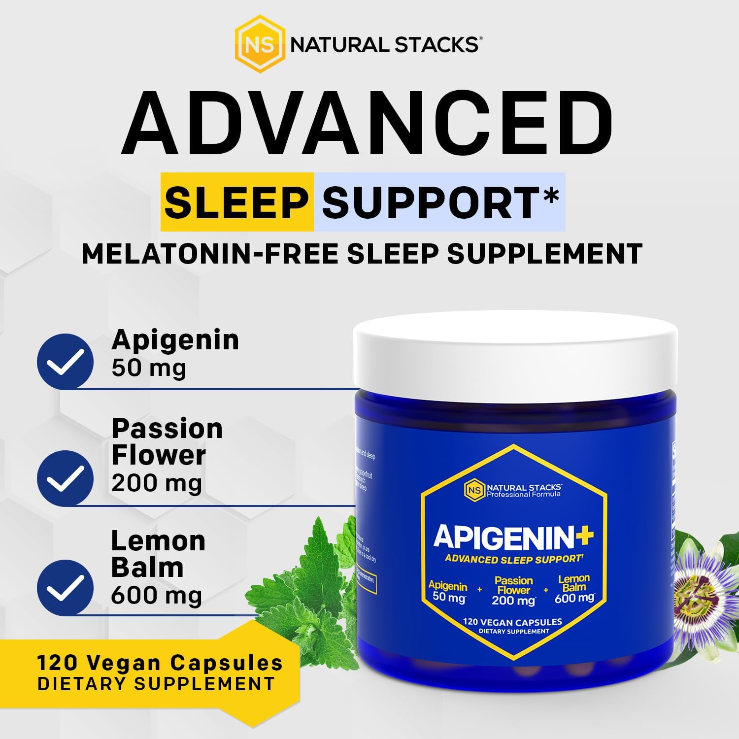 NATURAL STACKS Apigenin Supplement for Sleep - 50mg Apigenin & 600mg Lemon Balm - Melatonin Free Sleep Aid - with Passion Flower Extract for Stress Relief - 120 Lemon Balm Capsules