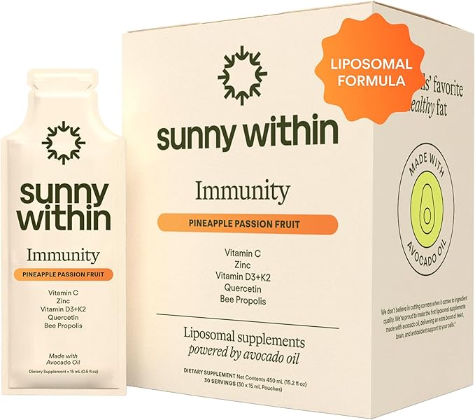 Immunity - 6-in-1 Liposomal Vitamin C Packets, Zinc, D3 + K2, Quercetin, Bee Propolis & Avocado Oil - Antioxidant Liquid Supplement for Immunity, Skin & Bone* - 30 Pouches
