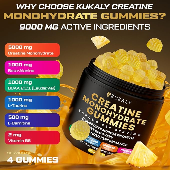 Creatine Monohydrate Gummies for Men & Women, 9000MG Creatine Gummies Sugar Free with L-Taurine, BCAA 2:1, B12 B6 for Boost Strength, Focus & Endurance, Vegan, Non-GMO, Pineapple 120pcs