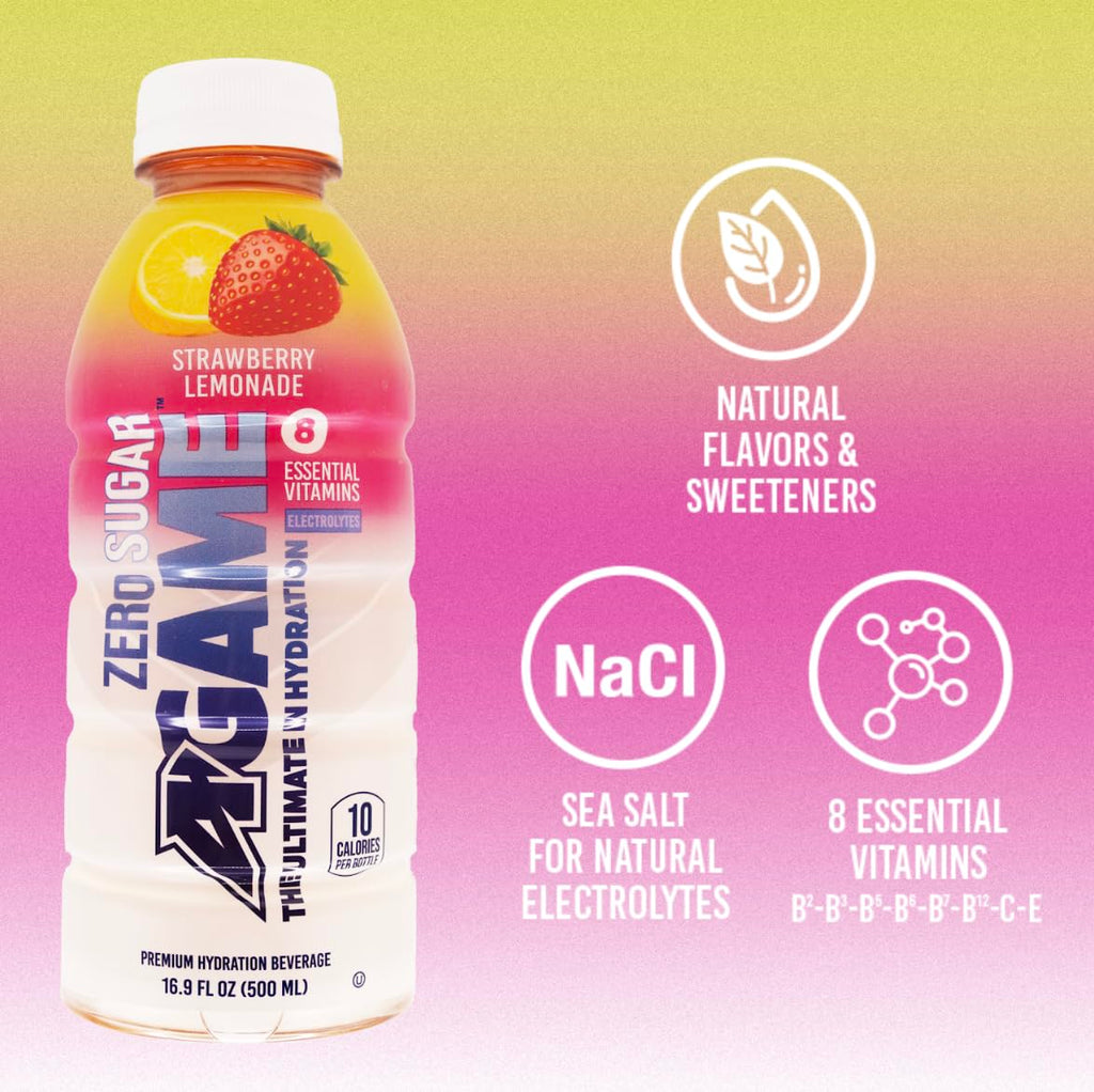 A-Game Zero Sugar Sports Drink, Strawberry Lemonade Zero, Sugar Free Hydration Sports Beverage, 8 Vitamins Plus Electrolytes, Natural Flavors, Gluten Free & Keto Friendly, 16.9 Fl Oz (Pack of 12)