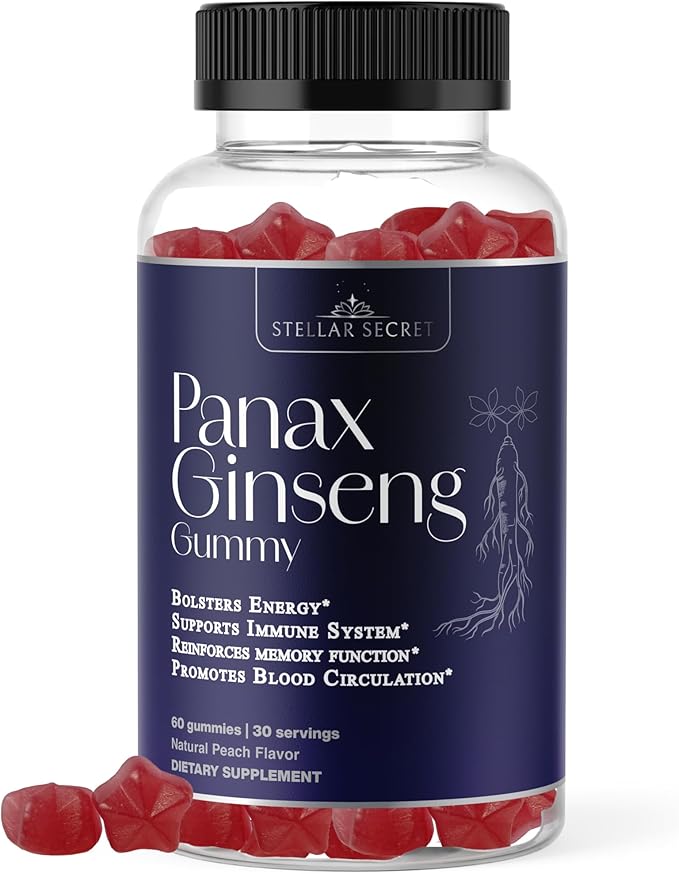 Korean Red Ginseng 1500mg Gummies - Ginseng Supplement for Energy, Immune System Support, Panax Ginseng for Memory Function, Blood Circulation, Peach Flavor, 60 Count