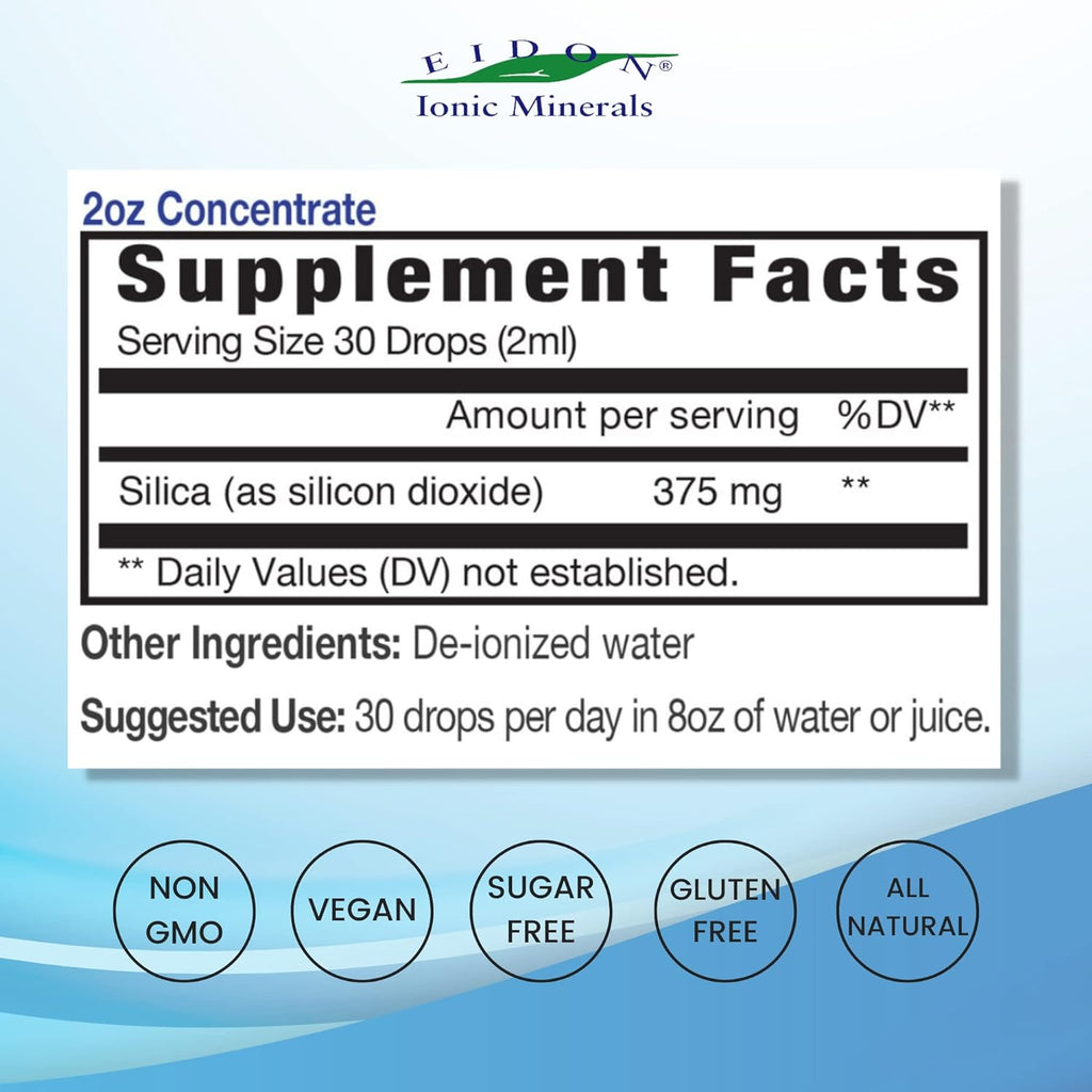 Eidon Ionic Minerals Liquid Silica Mineral Concentrate - Silica Supplement for Hair, Skin and Nails, Supports Collagen Production, Joint and Bone Health, Helps Manage Calcium - 2 oz