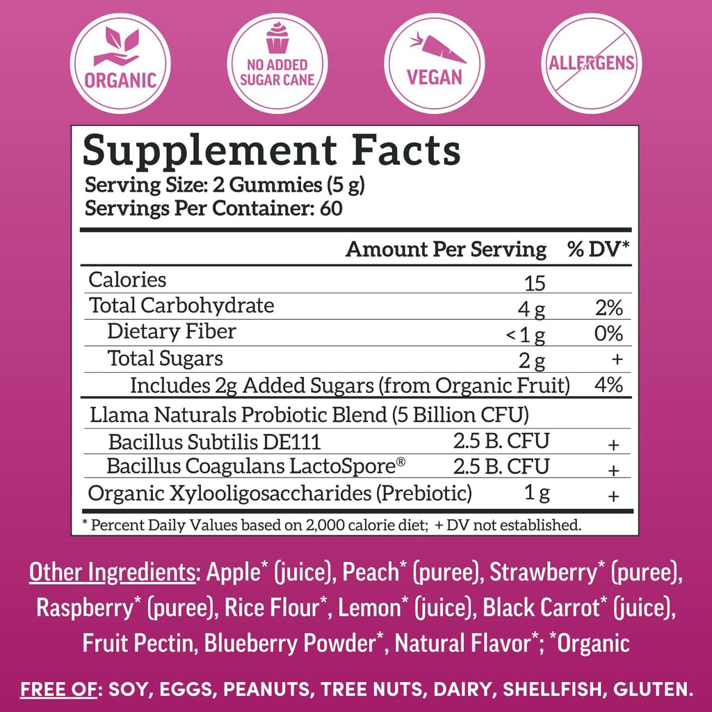 Llama Naturals Probiotics for Women and Men with Prebiotic Fiber, Vegan, Organic, Probiotic Gummies for Gut Health Support, Adults Real Fruit Gummy Vitamins, No Added Sugar Cane, Mixed Berry, 120 Ct