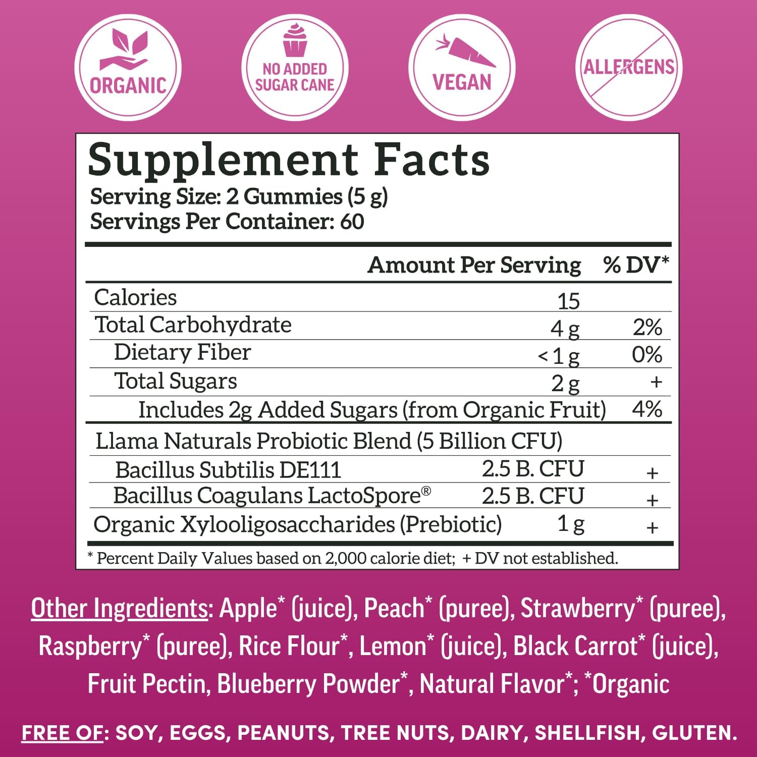 Llama Naturals Probiotics for Women and Men with Prebiotic Fiber, Vegan, Organic, Probiotic Gummies for Gut Health Support, Adults Real Fruit Gummy Vitamins, No Added Sugar Cane, Mixed Berry, 120 Ct