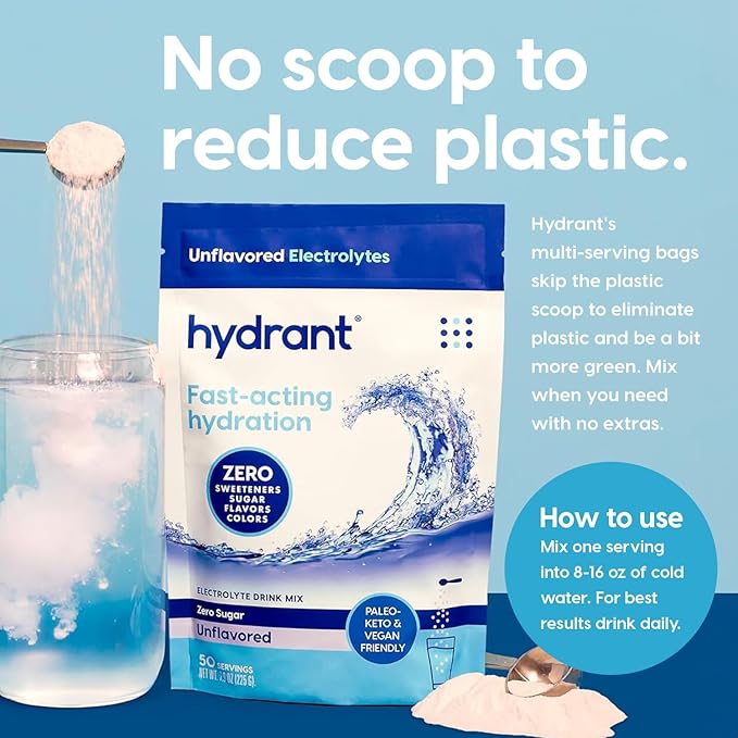 Hydrant - Bulk Hydration Powder, Unflavored, 50 Servings Fast Acting Electrolyte Rehydration Powder - Zero Sugar Flavorless Drink Mix for Daily Use, Travel & Workouts