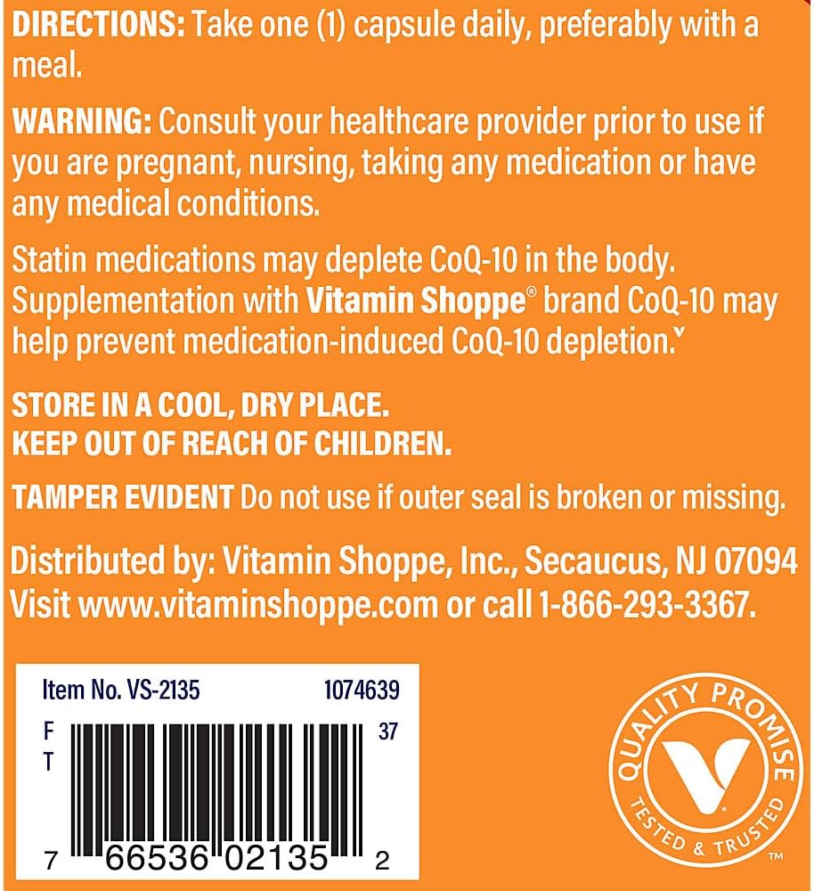The Vitamin Shoppe CoQ-10 200mg - Beneficial for Those Taking Statins – Supports Heart & Cellular Health and Healthy Energy Production, Essential Antioxidant – Once Daily (120 Capsules)