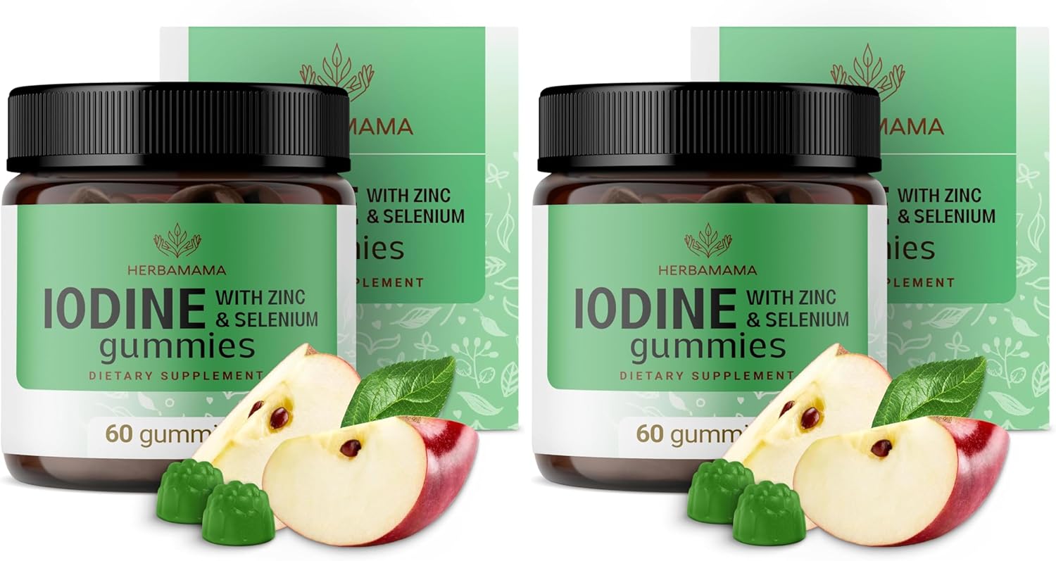 HERBAMAMA Iodine Gummies - Potassium Iodine, Zinc & Selenium for Immune Defense & Brain Support - Vegan, Non-GMO Immune Support Supplement - 60 Pectin-Based Apple-Flavored Chews (Pack of 2)