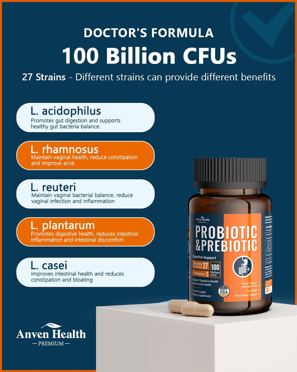 100 Billion Probiotics for Men and Women 27 Strains 5 Organic Prebiotics for Gut Digestive & Immune Health, Supports Diarrhea Gas Bloating, Non-GMO, Zero Fillers – Made in USA丨180 Caps