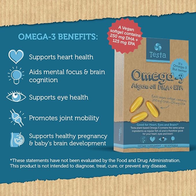 Testa Omega-3 - Plant Based DHA + EPA from Algae Oil - Pure and Vegan Omega-3 - Much Healthier Than Fish Oil - 60 Capsules (8 Pack)