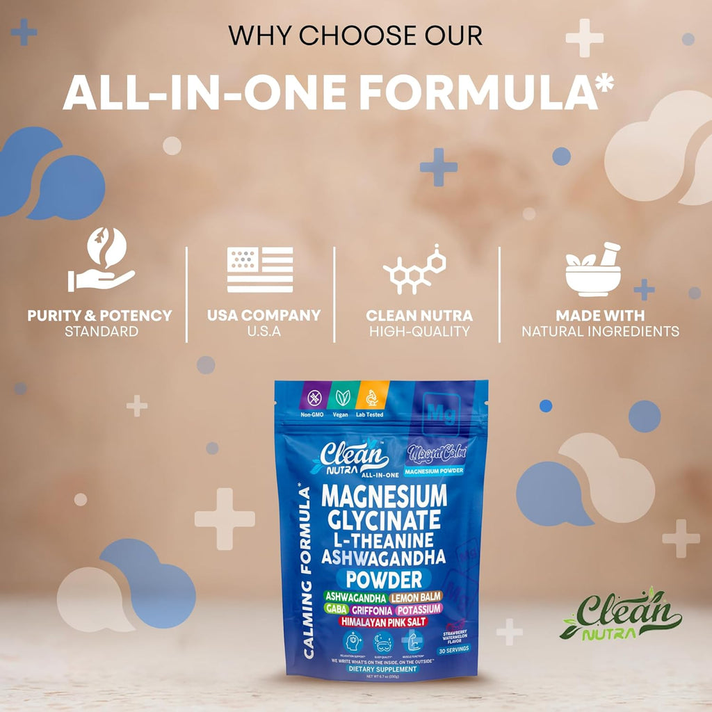 Magnesium Glycinate Powder Supplement + L Theanine Ashwagandha Glycine Apigenin Lemon Balm GABA 5HTP Pink Salt Potassium L Tryptophan Calcium | Powdered Sleep Aid Calm Trace Minerals Vitamin