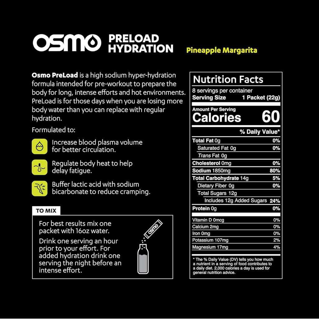 Osmo Preload Hydration Pre Workout Powder - Includes High Sodium Bicarbonate, Magnesium, Potassium, Carbs & Vitamins, Cane Sugar, Natural Ingredients, Beat Cramps & Dehydration - Pineapple Margarita