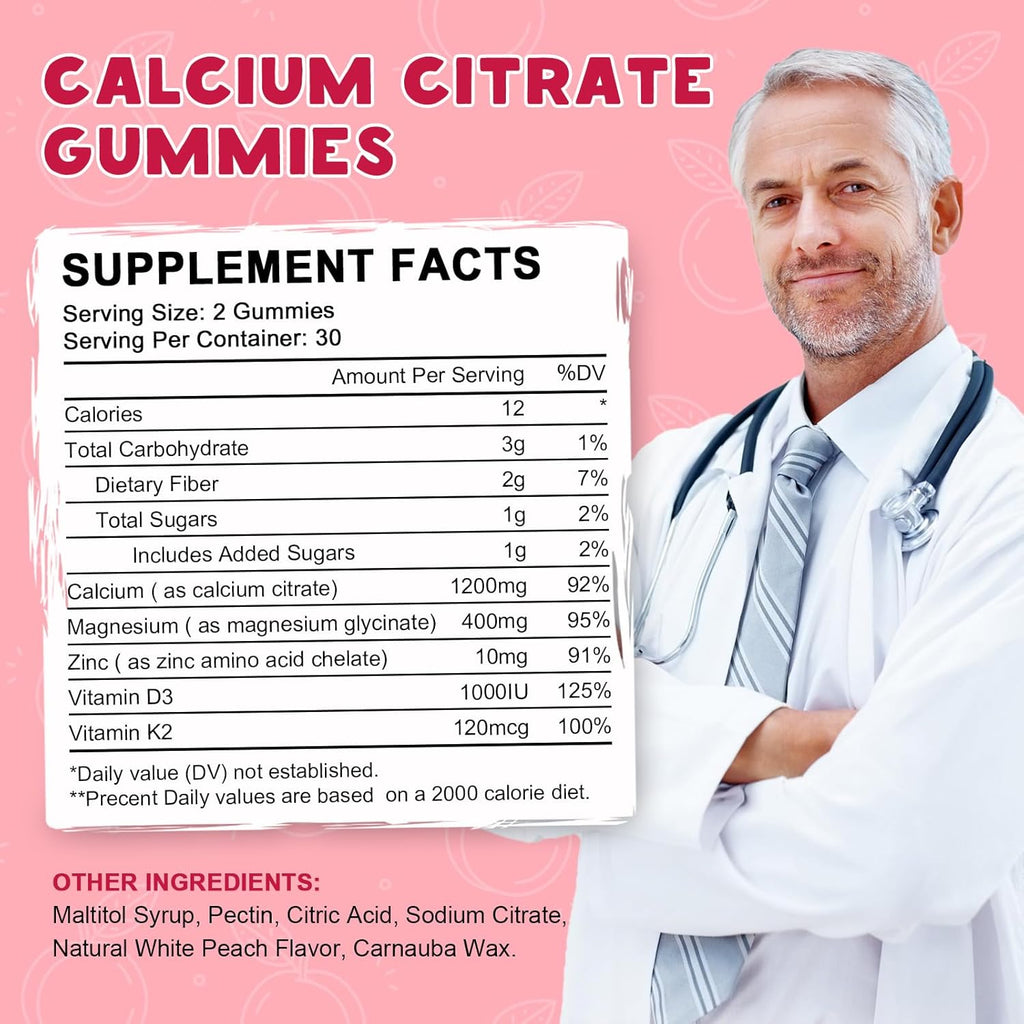Calcium Citrate 1200mg with Vitamin D3 Gummies, Calcium Gummies with Vitamin D3 for Women & Men, Calcium Magnesium Zinc for Bone Muscle Healthy- Natural White Peach Flavor- 30 Day Supply