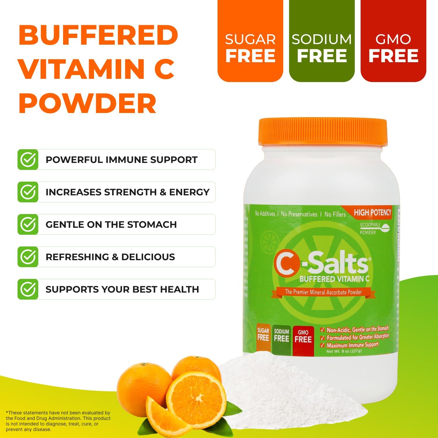 C-Salts Original Vitamin C Powder Supplement - 100% Pure High Dose Buffered Vitamin C Powder for Immune Support - Sugar-Free Powdered Drink Ascorbate, Organic, Stomach-Friendly, Original 8oz