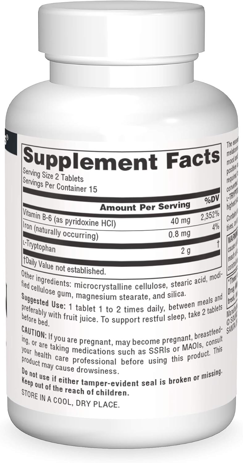 Source Naturals L-Tryptophan with Vitamin B-6 1000 mg Support Mood, Relaxation and Sleep* - 30 Tablets