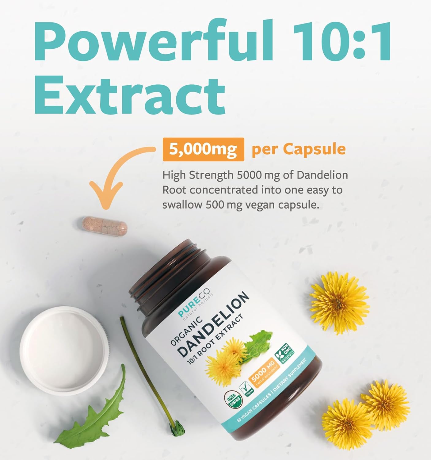 USDA Organic Dandelion Root Extract - High Potency 10:1 Dandelion Root Supplement with 5000mg Herbal Equivalent Strength for Liver Cleanse Detox & Repair Support - Vegan & Non-GMO (2 Month Supply)