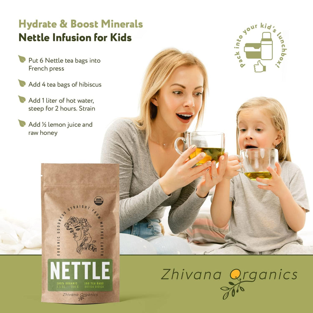 Organic Nettle Tea (100 Tea Bags) - Stinging Nettle Leaf TeaBags (Urtica Dioica) - Te de Ortiga Verde Organica - Support Digestion, Fluid Balance, Kidney, Skin, Hair