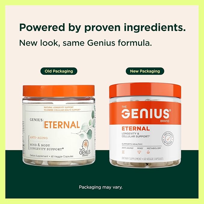 The Genius Brand Genius Eternal - Cellular Repair Supplement for Daily Clarity - Supports Brain Health, Endurance, Energy, Focus, Memory & Vitality - Non-GMO - 60 Veggie Capsules