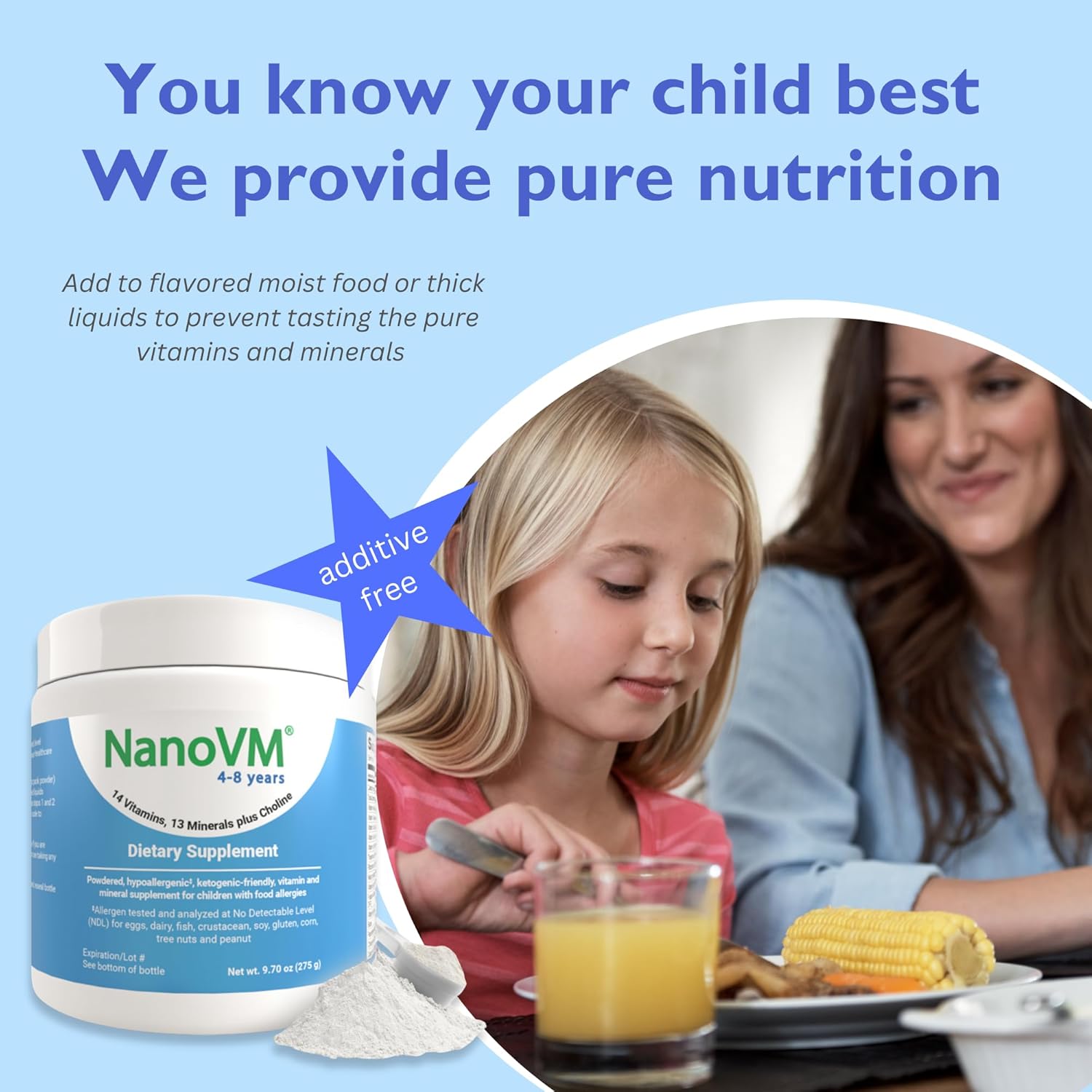 4-8 Years, Allergen-Free Kids Multivitamin, Unflavored Powdered Vitamins, Multivitamin Powder with 14 Vitamins & 13 Minerals, Low-Carbohydrate Vitamin Supplements, 275g - Solace Nutrition
