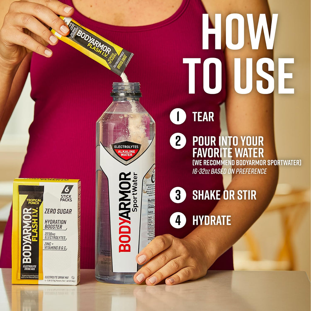 BODYARMOR Flash IV Electrolyte Packets, Tropical Punch - Zero Sugar Drink Mix, Single Serve Packs, Coconut Water Powder (6 Count)