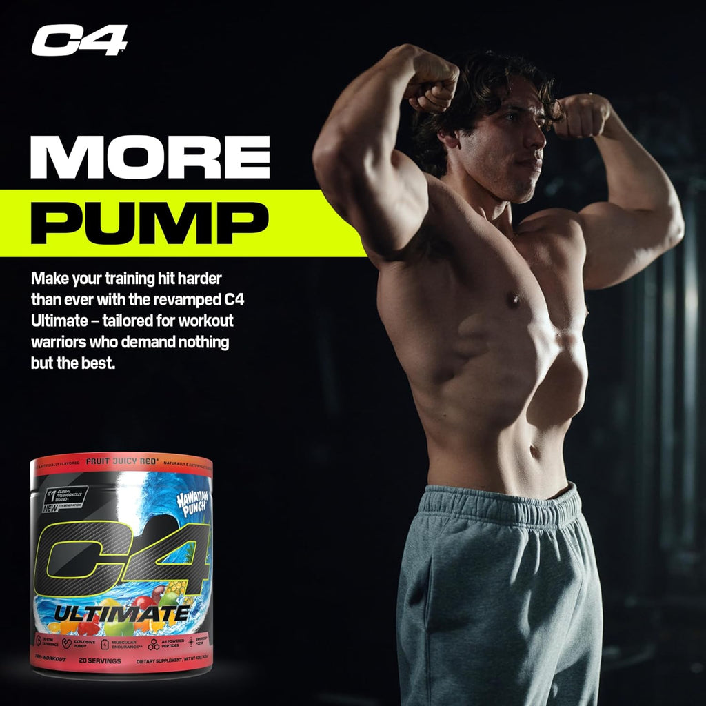 Cellucor C4 Ultimate Pre Workout Powder - Sugar Free Preworkout Energy Supplement for Men & Women - 300mg Caffeine + TeaCrine + Dynamine + Creatine - Hawaiian Punch Fruit Juicy Red, 20 Servings
