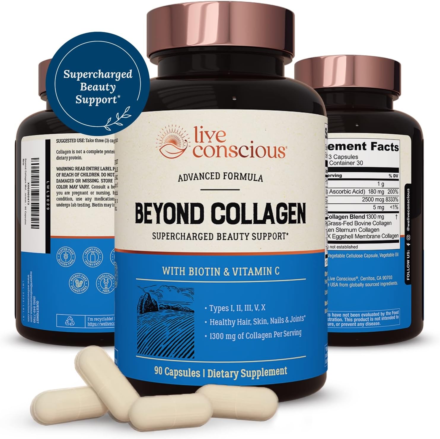 Live Conscious Beyond Collagen Multi Collagen Capsules - Types I, II, III, V & X - Hydrolyzed Blend with Biotin & Vitamin C for Hair, Skin, Nails 90 Capsules