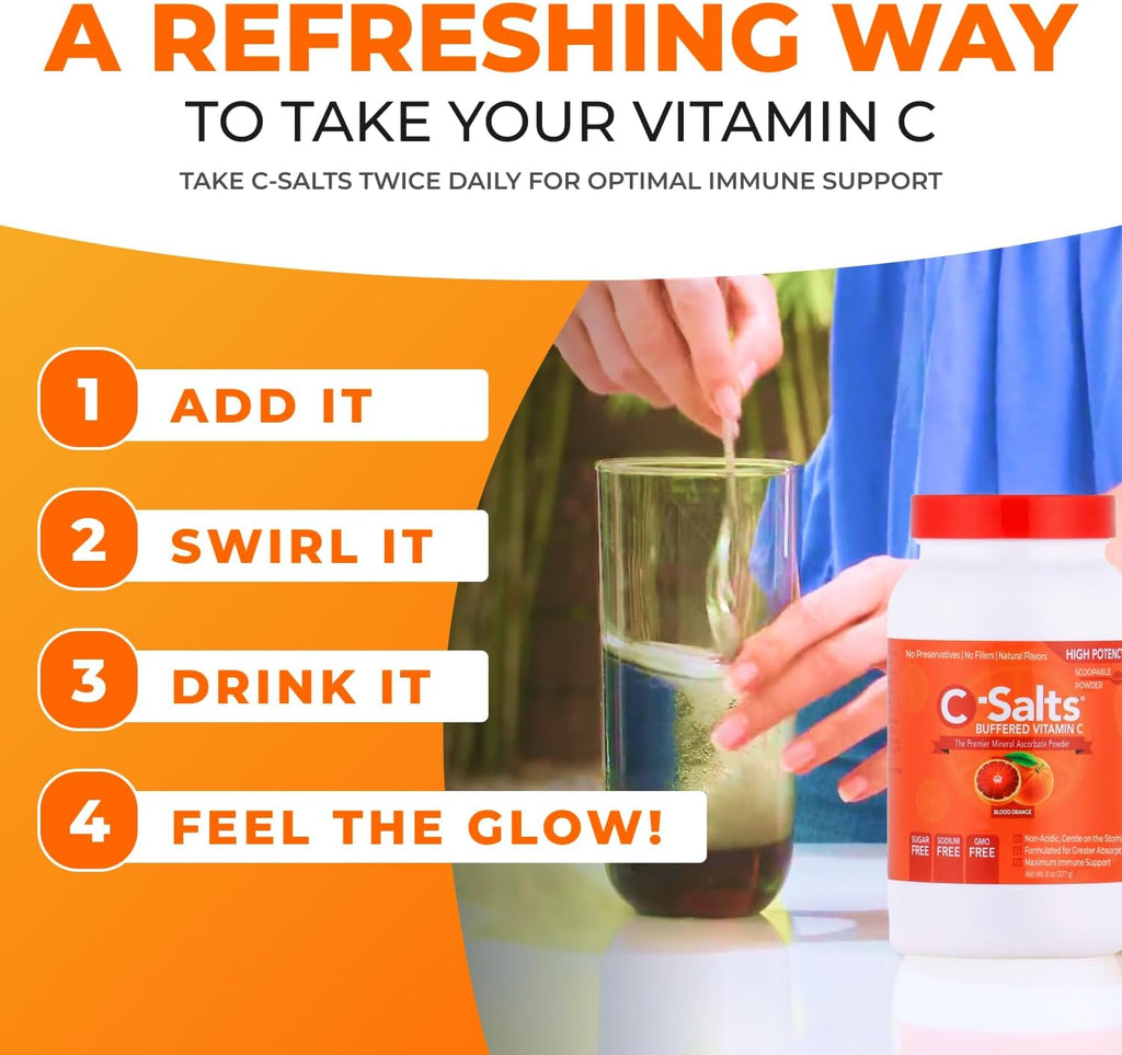 C-Salts Original Vitamin C Powder Supplement - 100% Pure High Dose Buffered Vitamin C Powder for Immune Support - Sugar-Free Powdered Drink Ascorbate, Organic, Stomach-Friendly, Blood Orange 26oz