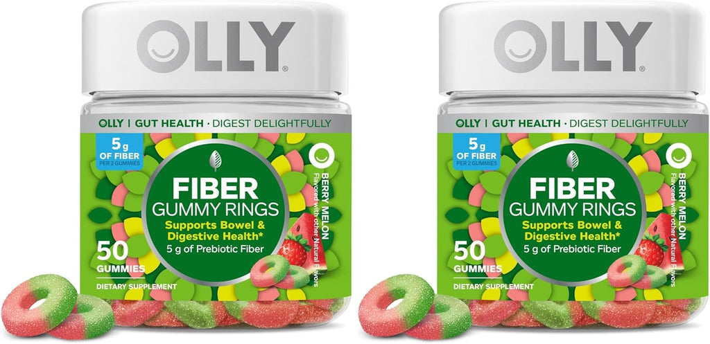 OLLY Fiber Gummy Rings, 5g Prebiotic Fiber, FOS (Fructo-oligosaccharides), Digestive Support, Berry Melon 50ct (Pack of 2)